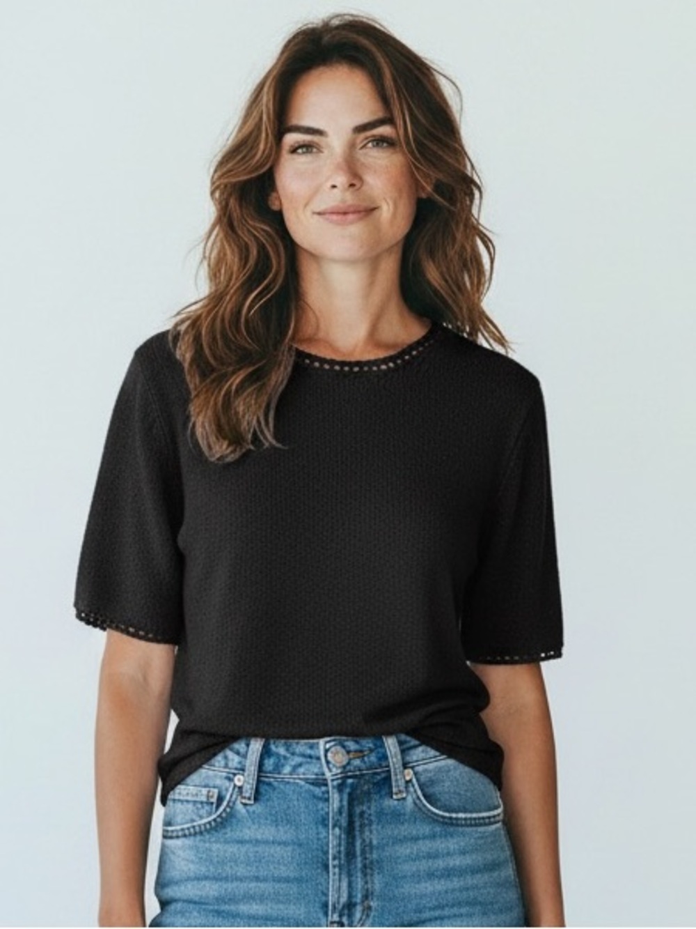 VTG Sag Harbor Petite Black‎ Short Sleeve Sweater Crochet Trim Knit Top 90s M
